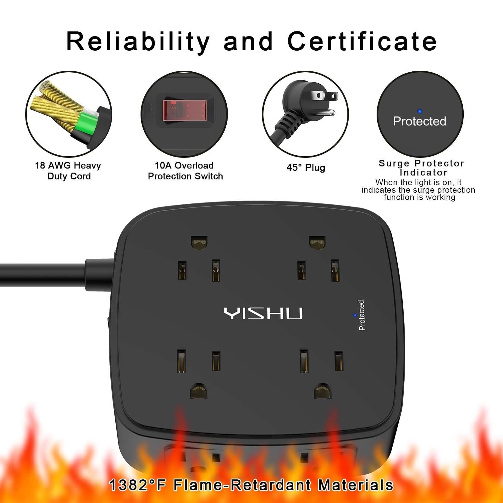 10Ft Surge Protector Power Strip, 8 Outlets & 4 USB Ports, Flat Plug, Wall Mount5