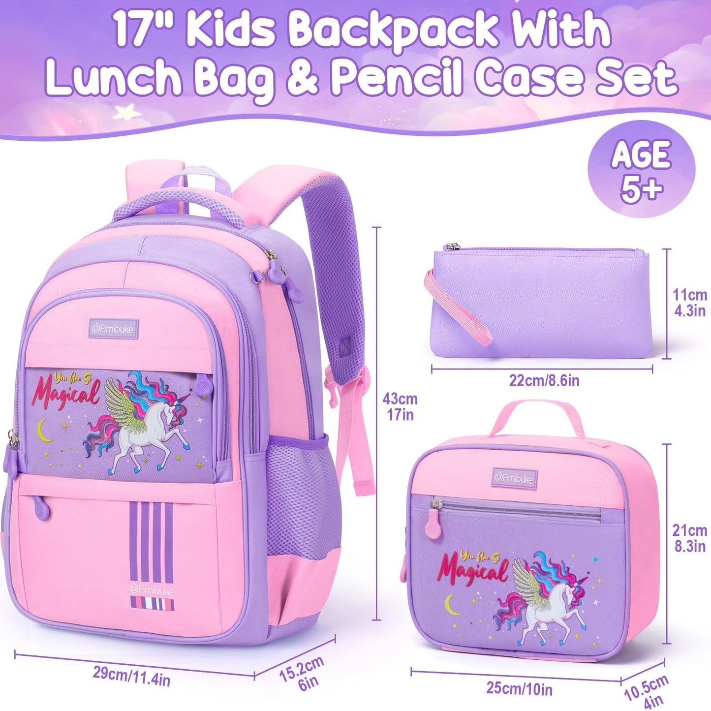 Unicorn Kids Backpack Set for Girls   3PC with Lunch Box & Pencil Case1