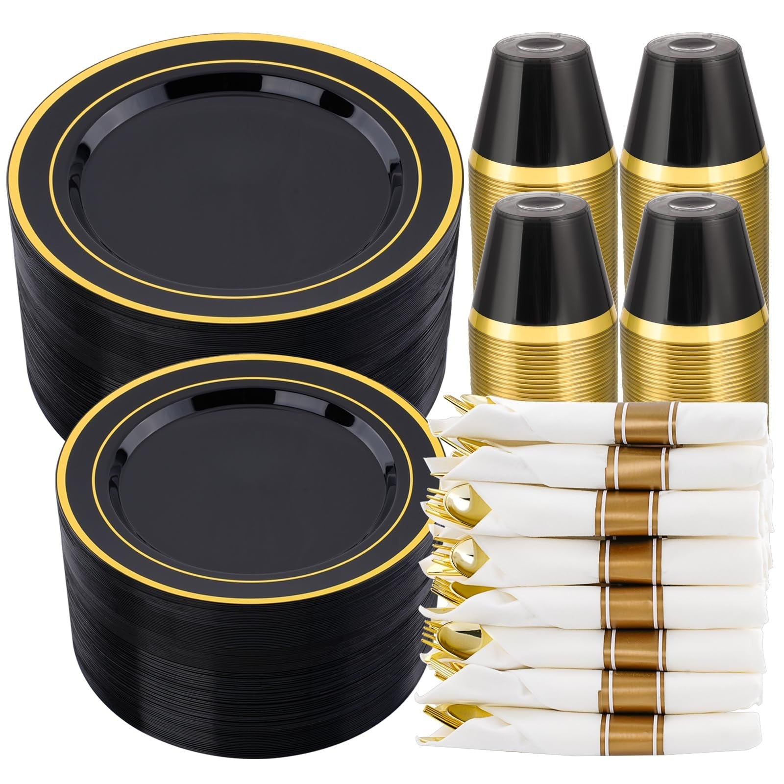 350 PCS Black Plastic Dinnerware Set for 50 Guests - Disposable Plates, Napkins1