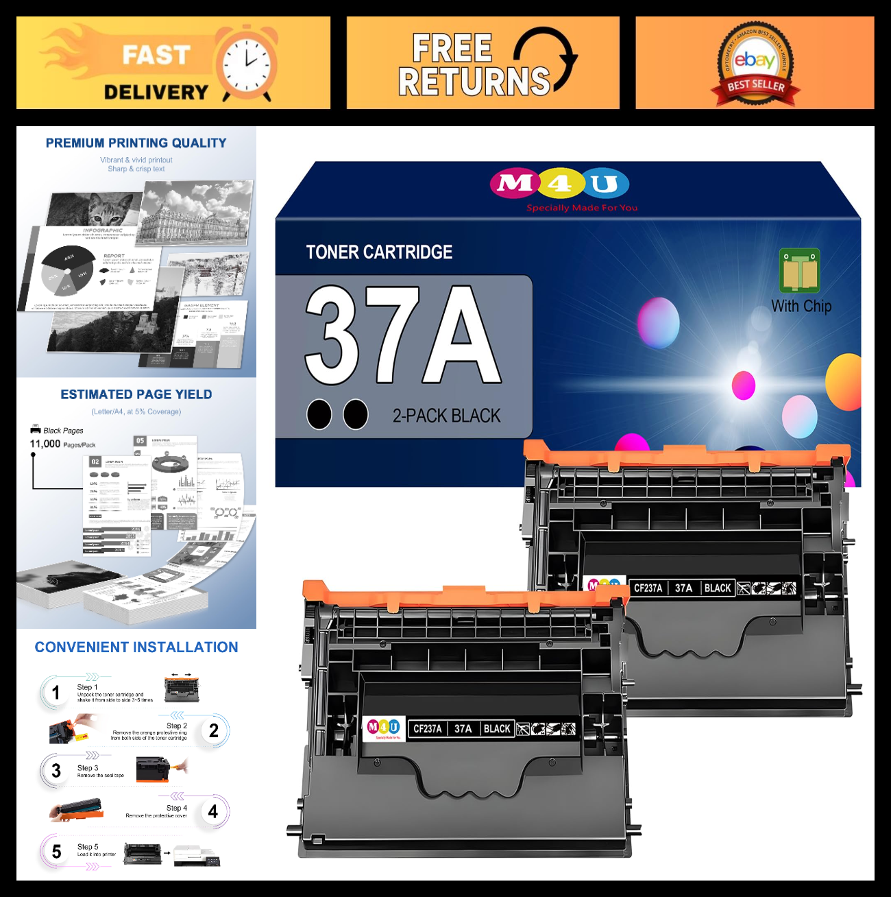 2 Pack Compatible Black Toner Cartridges CF237A for Enterprise M607n M608dn M6090