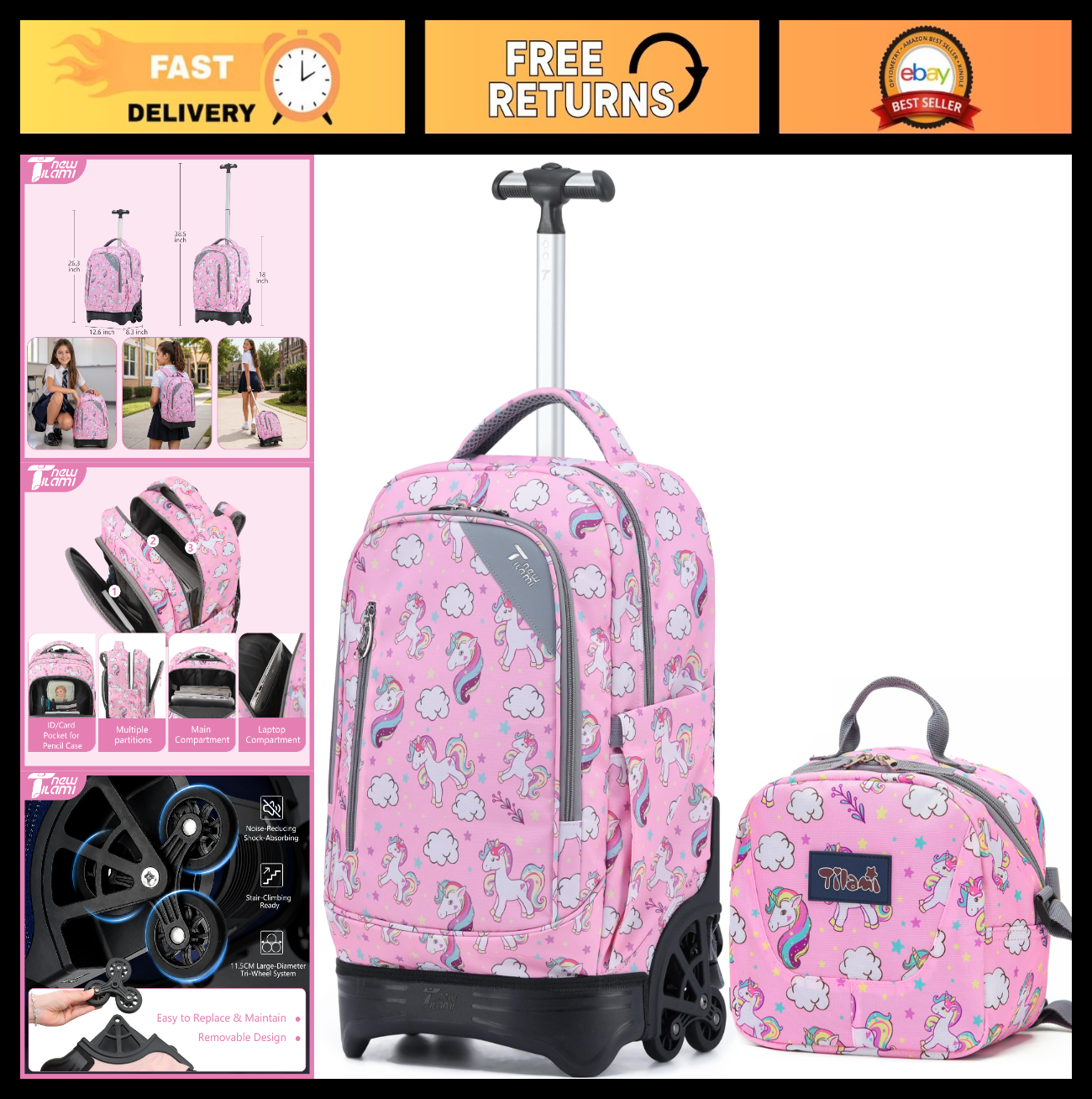 18" Rolling Backpack with Lunch Bag for Kids, School, Travel, Girls & Boys0