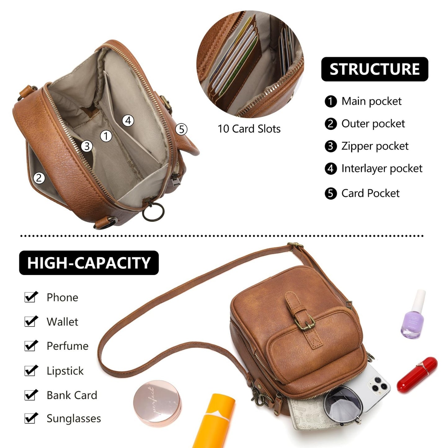Vegan Leather Crossbody Bags for Women - Vintage Anti-Theft Messenger Purse with4