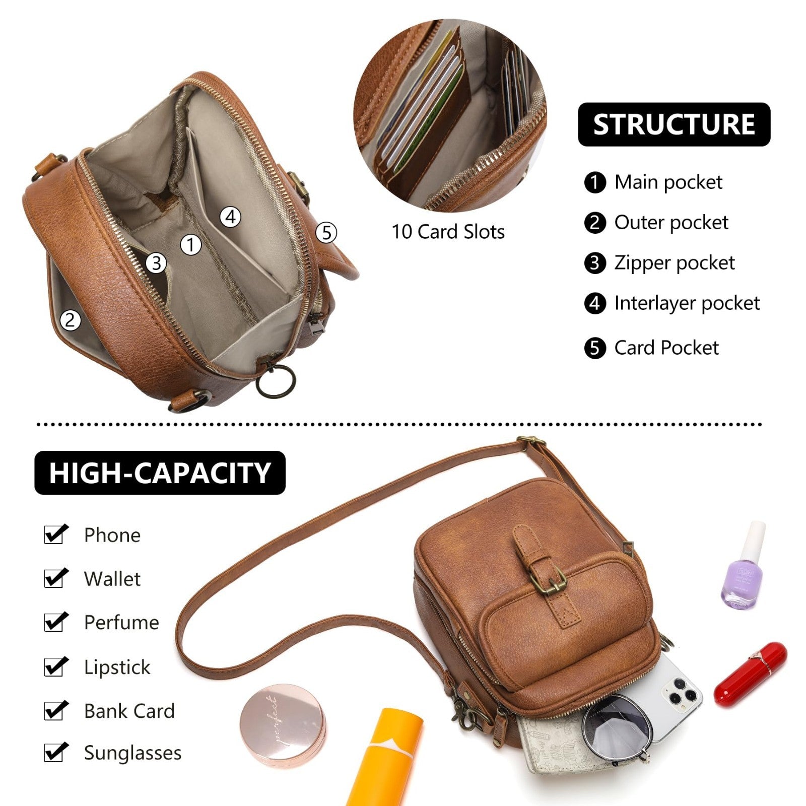Vegan Leather Crossbody Bags for Women - Vintage Anti-Theft Messenger Purse with4