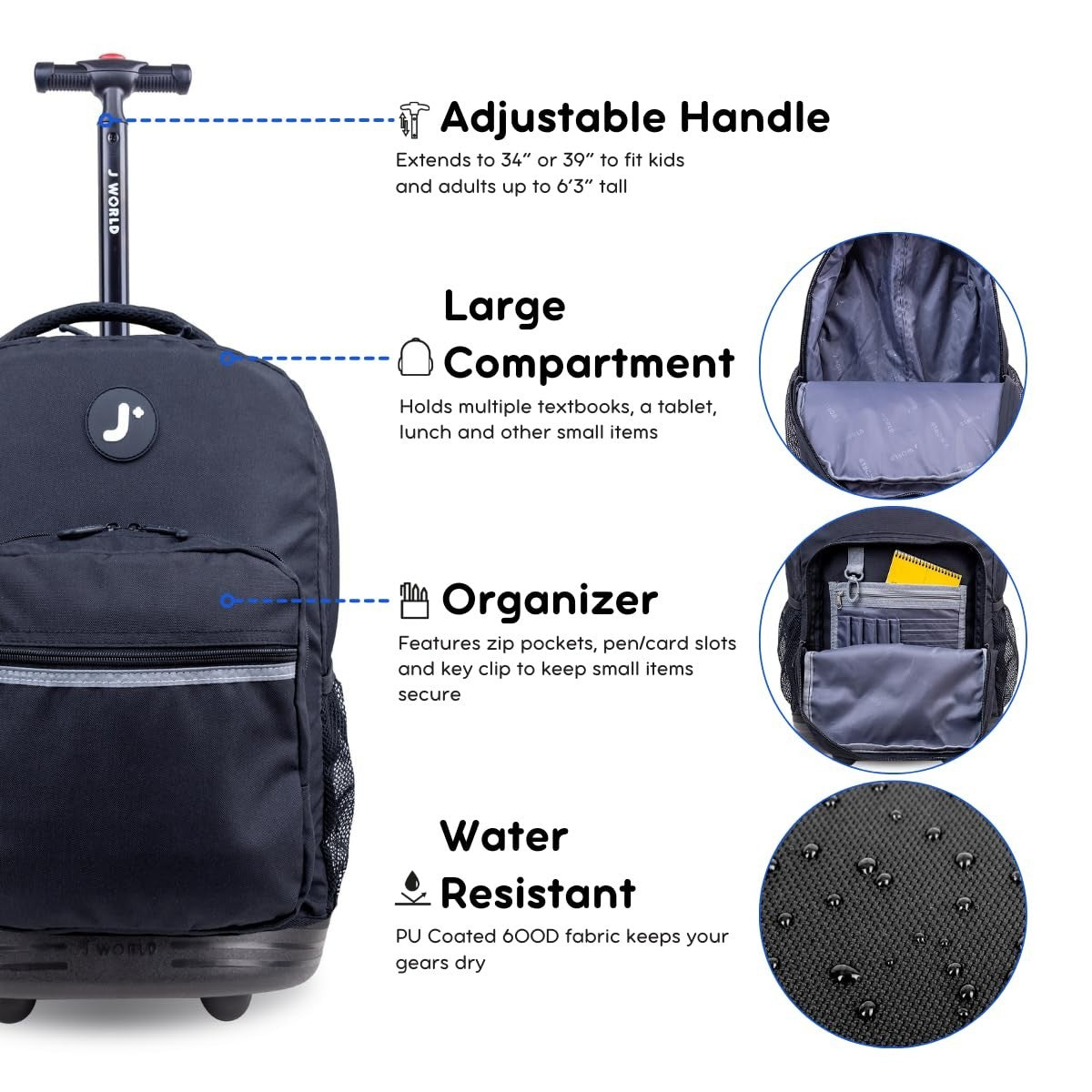 Rolling Backpack for School, Travel & Outdoor   Black, Lightweight & Durable5