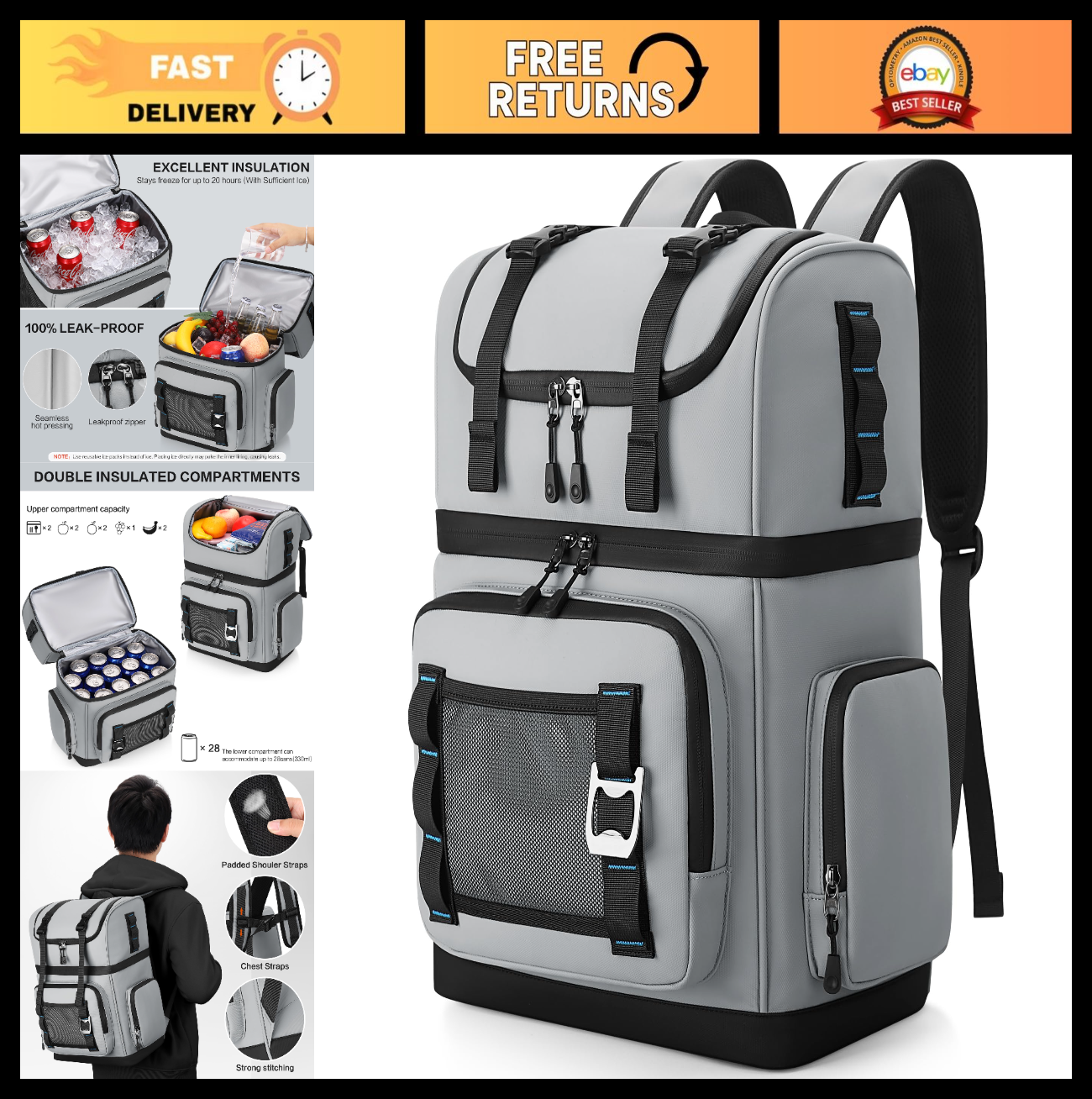 Large Waterproof Insulated Cooler Backpack - Leak Proof, Double Decker, 26L, Ide0