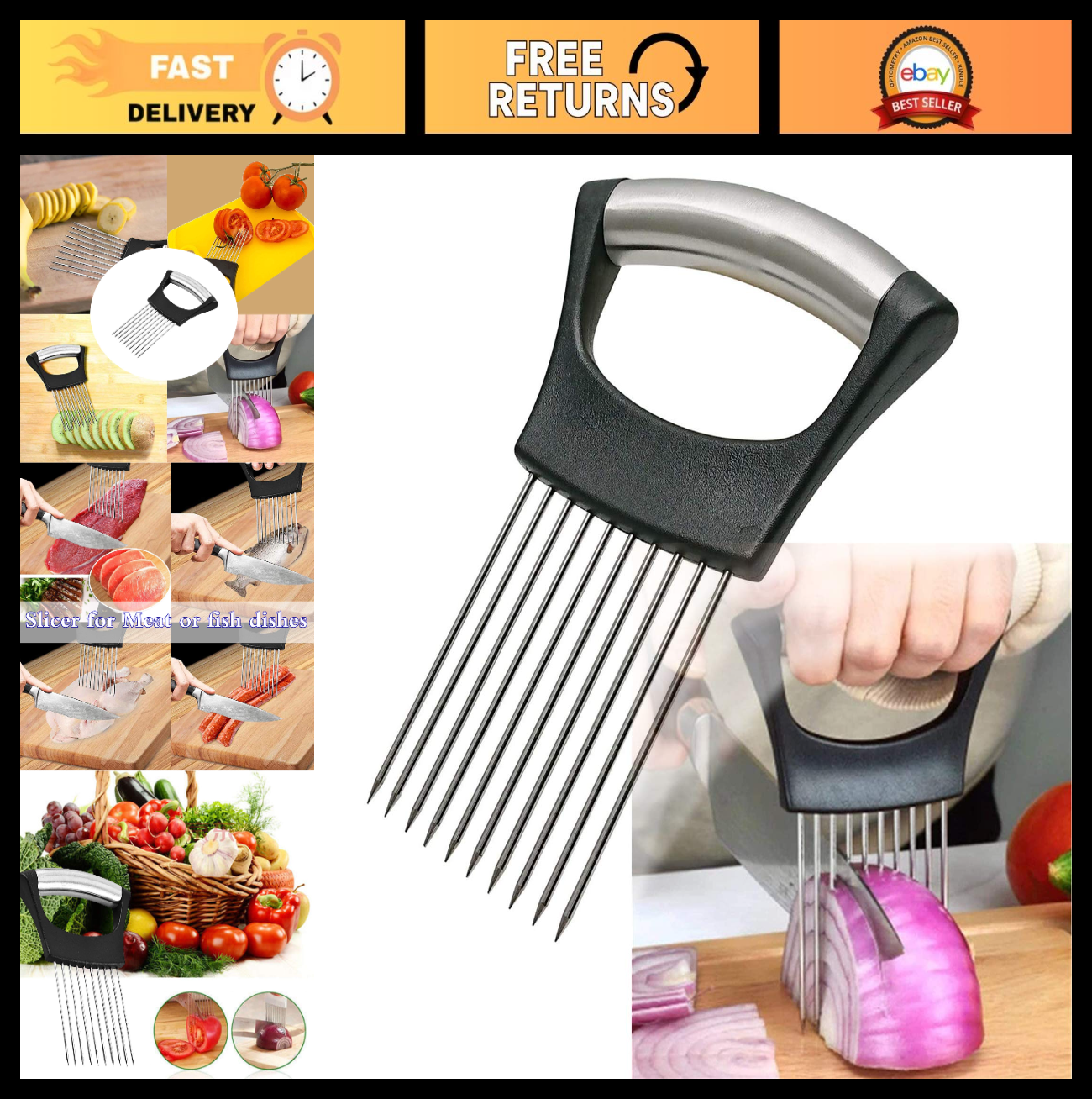 Stainless Steel Onion Holder & Slicer   Kitchen Gadget for Onions, Tomatoes, Avo0