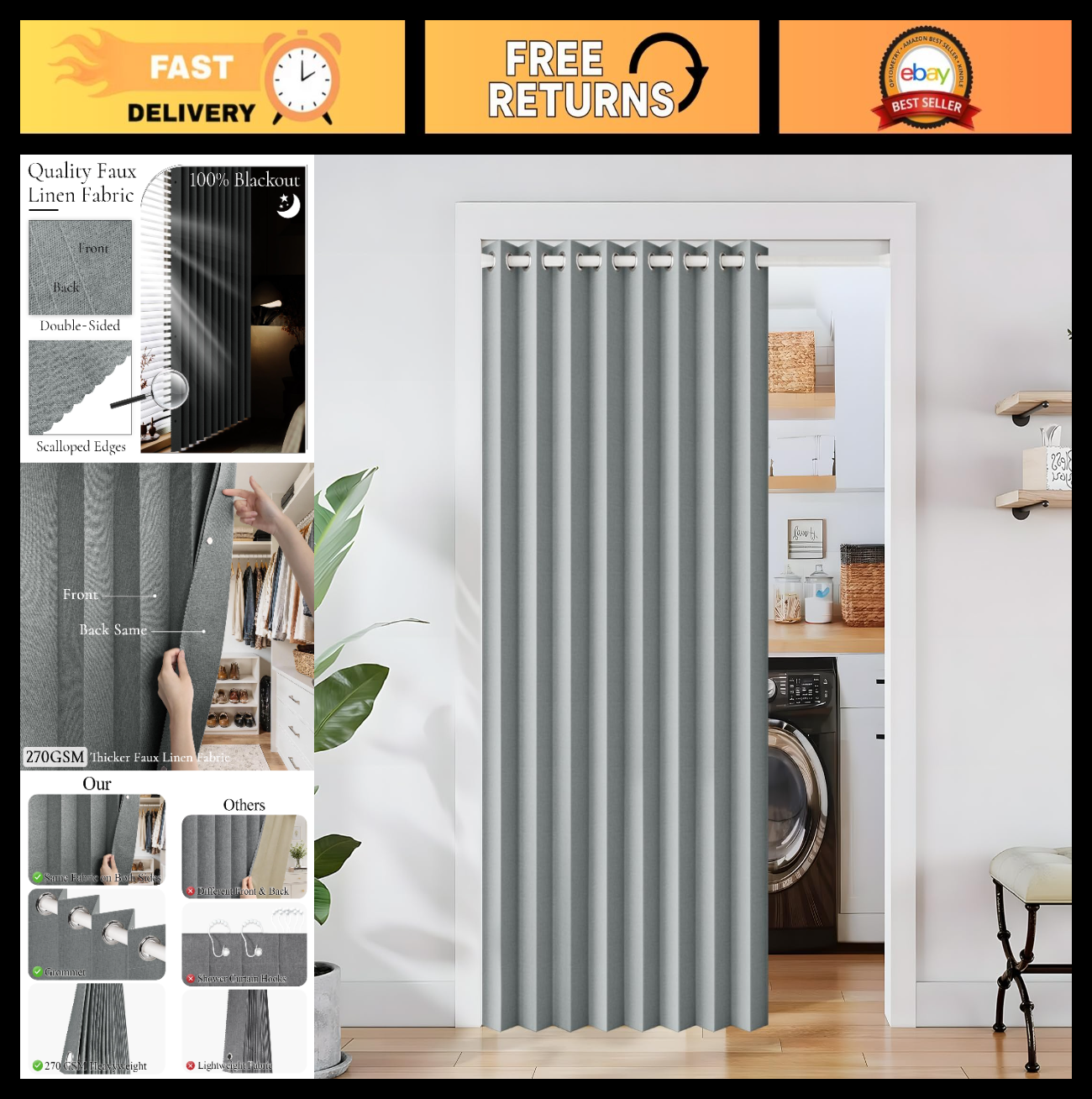 100% Blackout Magnetic Pleated Curtains   Thermal Insulated Drapes, 1 Panel, W600