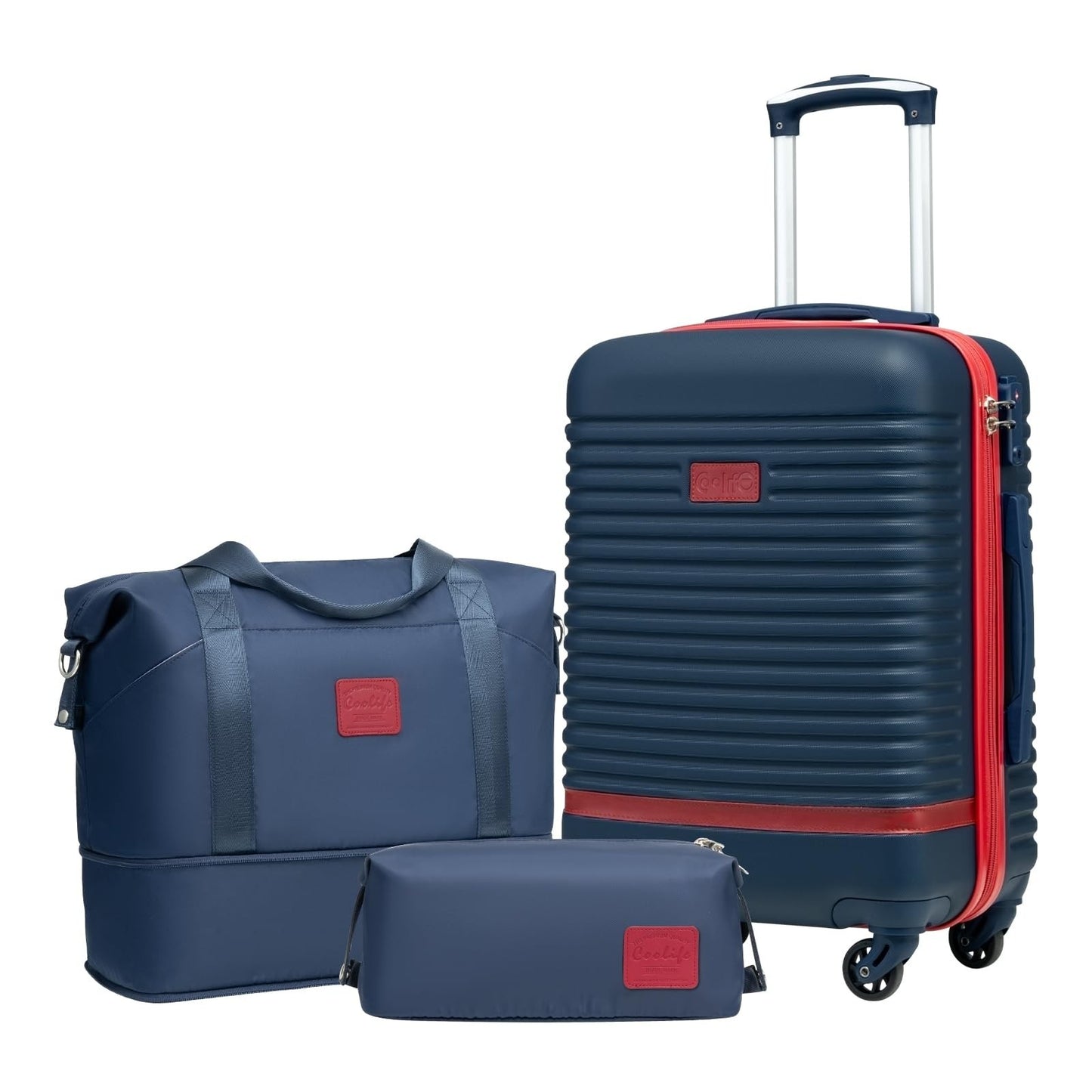 3-Piece Carry-On Luggage Set - Navy Red, 360° Spinner Wheels, Trolley Sleeve, Wa1