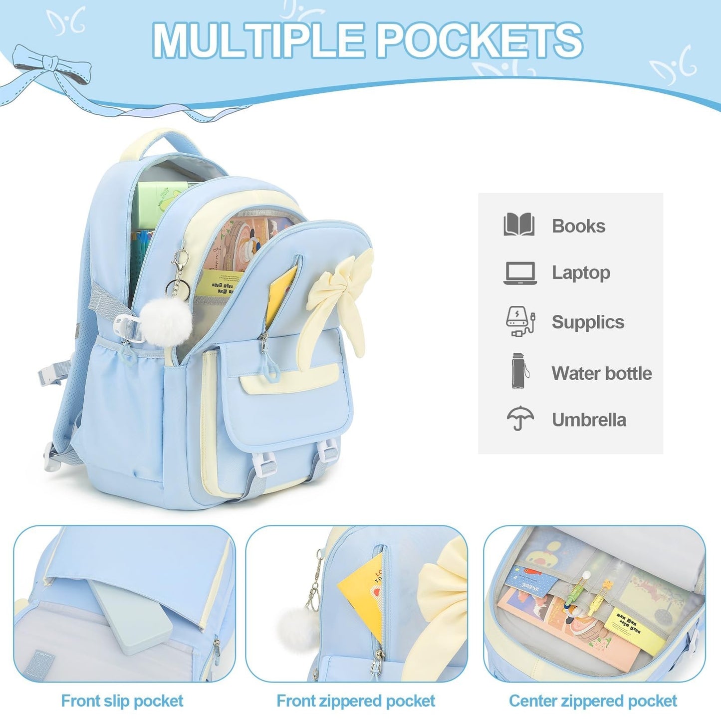 Girls Bow Backpack Set   3PCS with Lunch Bag & Pencil Case   Stylish School Bag3