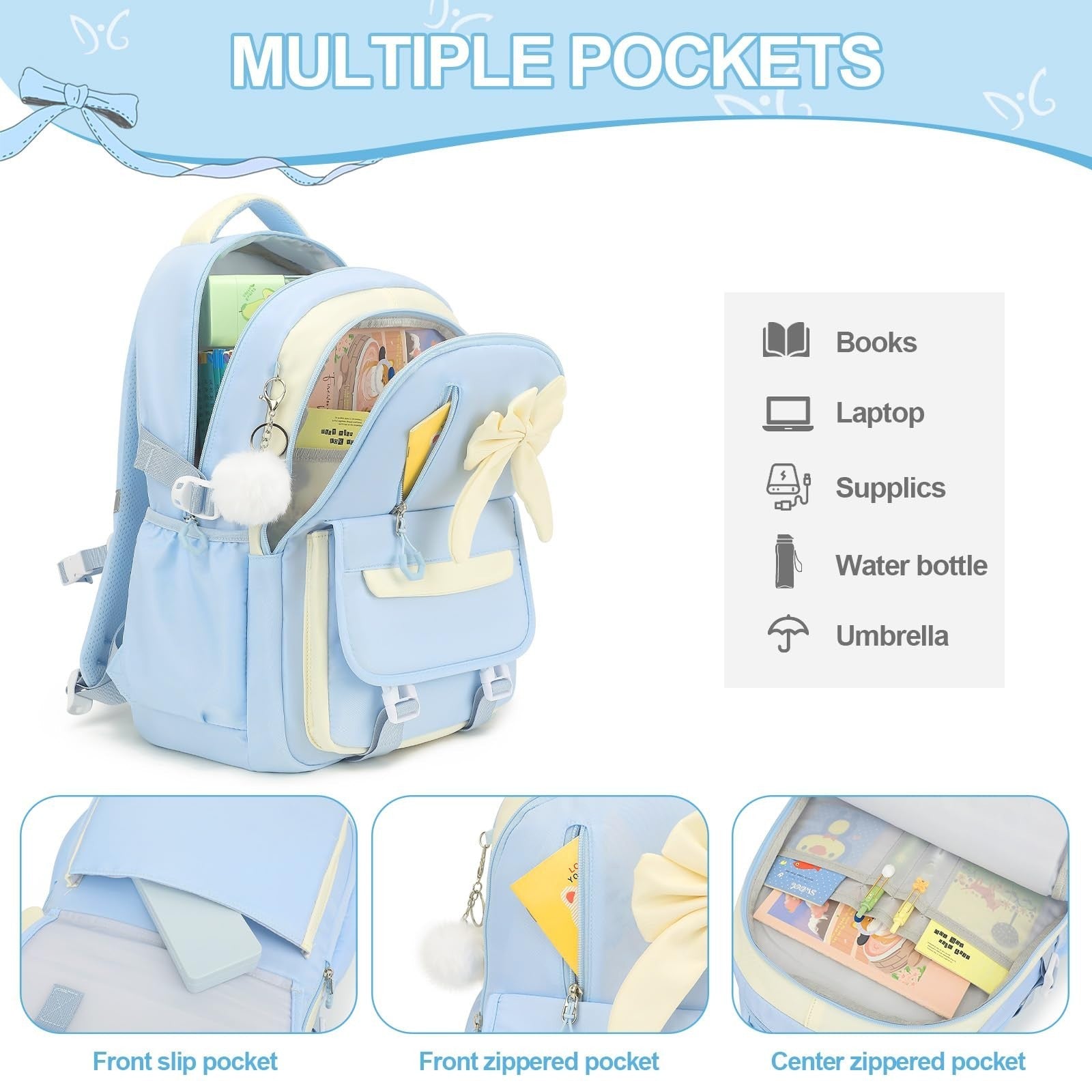 Girls Bow Backpack Set   3PCS with Lunch Bag & Pencil Case   Stylish School Bag3