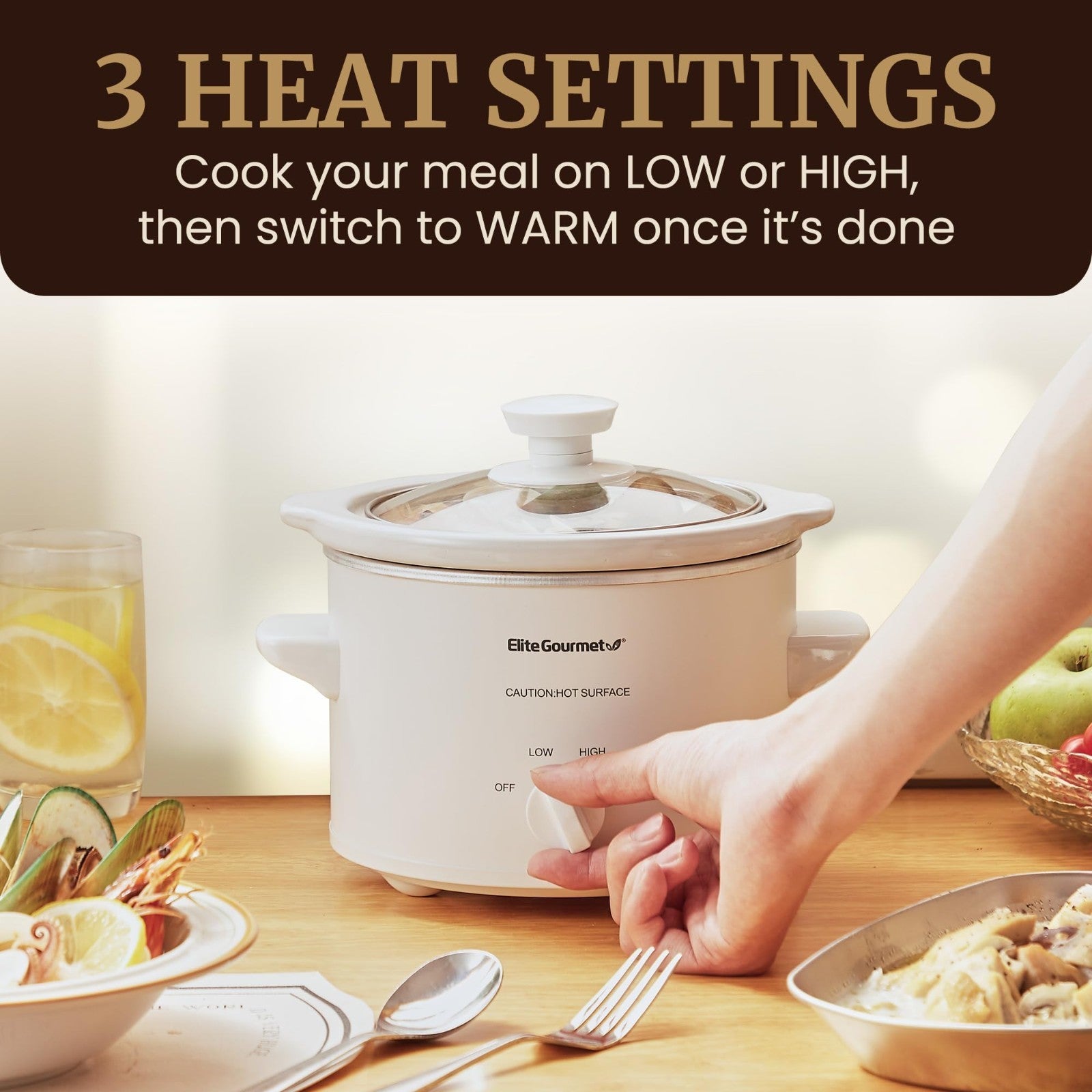 Electric Ceramic Slow Cooker - Adjustable Temp, Dishwasher-Safe Lid, Perfect for2