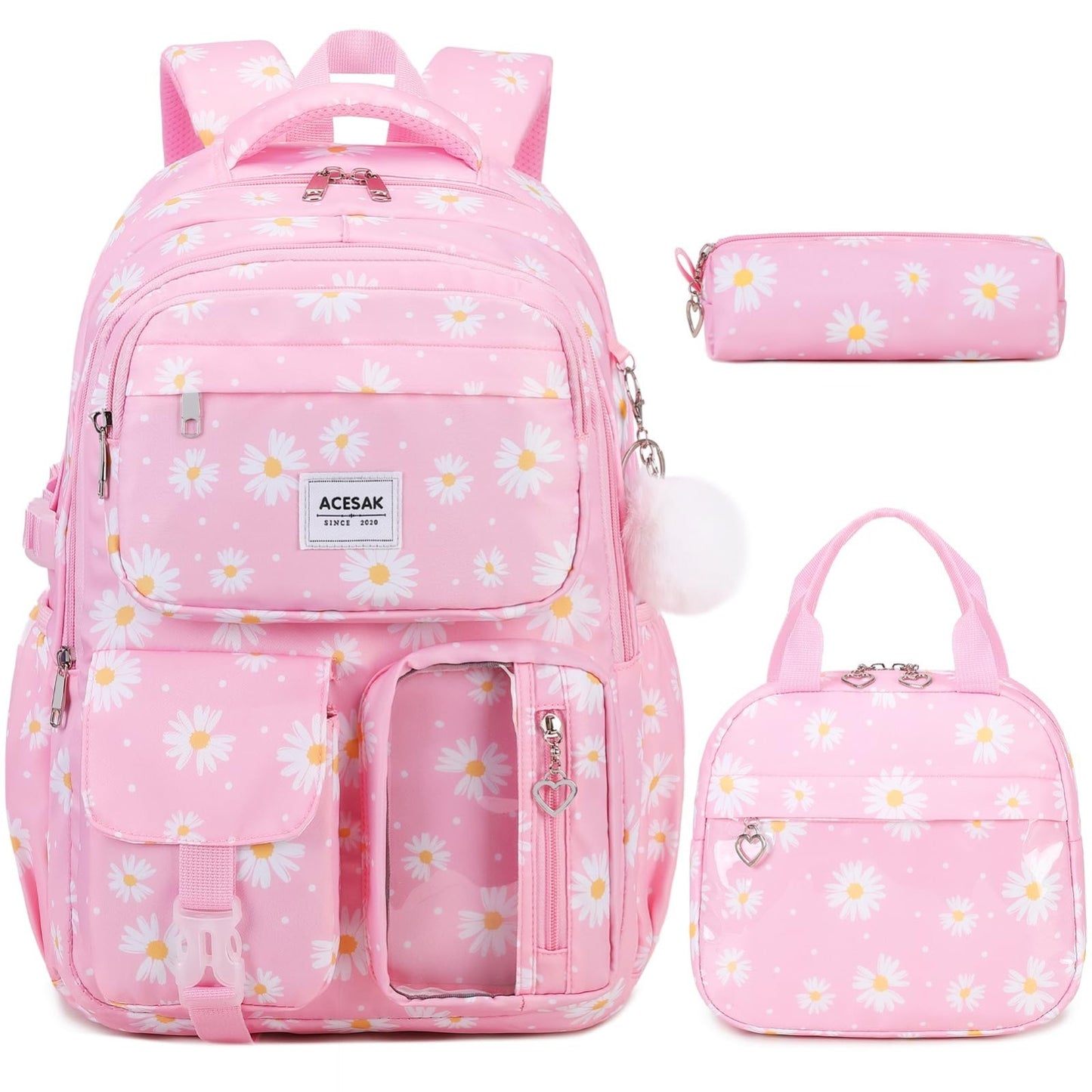 Stylish Girls Backpack with Lunch Bag & Pencil Pouch   Teen Laptop Bookbag, Pink1