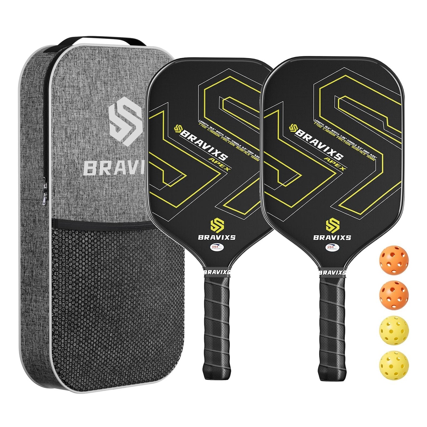 Set of 2 USAPA Approved Pickleball Paddles, T700 Carbon Fiber, 4 Balls & Bag1