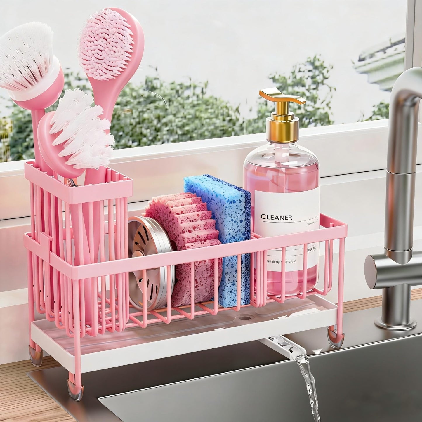 Kitchen Sink Sponge Holder Caddy Organizer, Rustproof Stainless Steel, Pink, 9.21