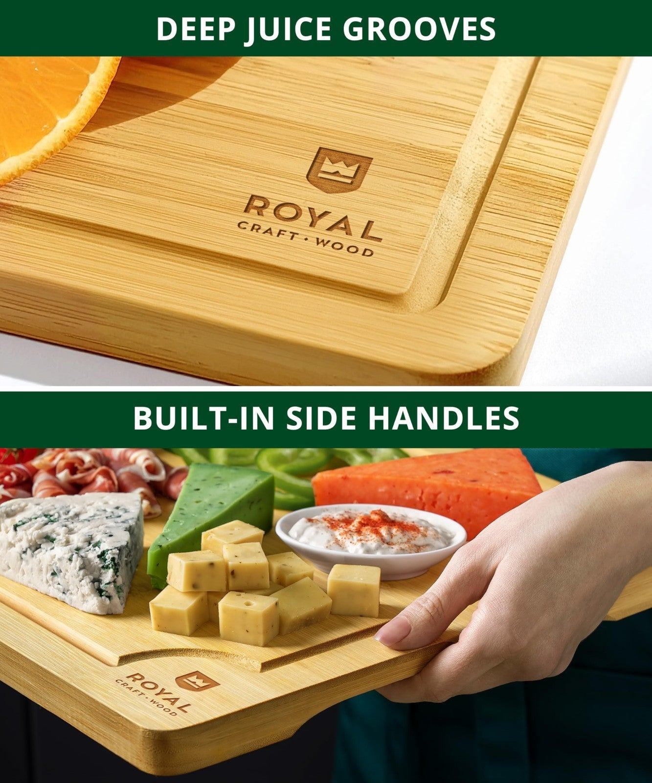 Wooden Cutting Boards Set   Bamboo Kitchen Prep & Serving Board with Juice Groov3