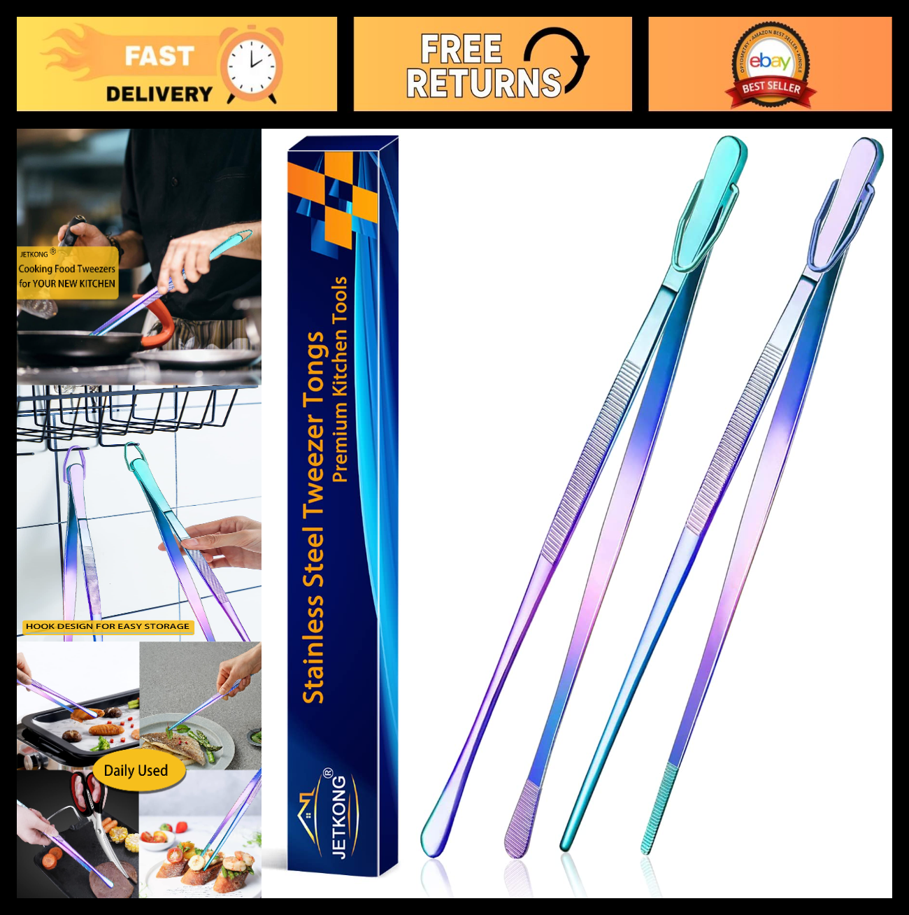 12 Inch Culinary Tweezers   2 Pcs Food Tongs Kitchen Cooking Tools (Rainbow)0