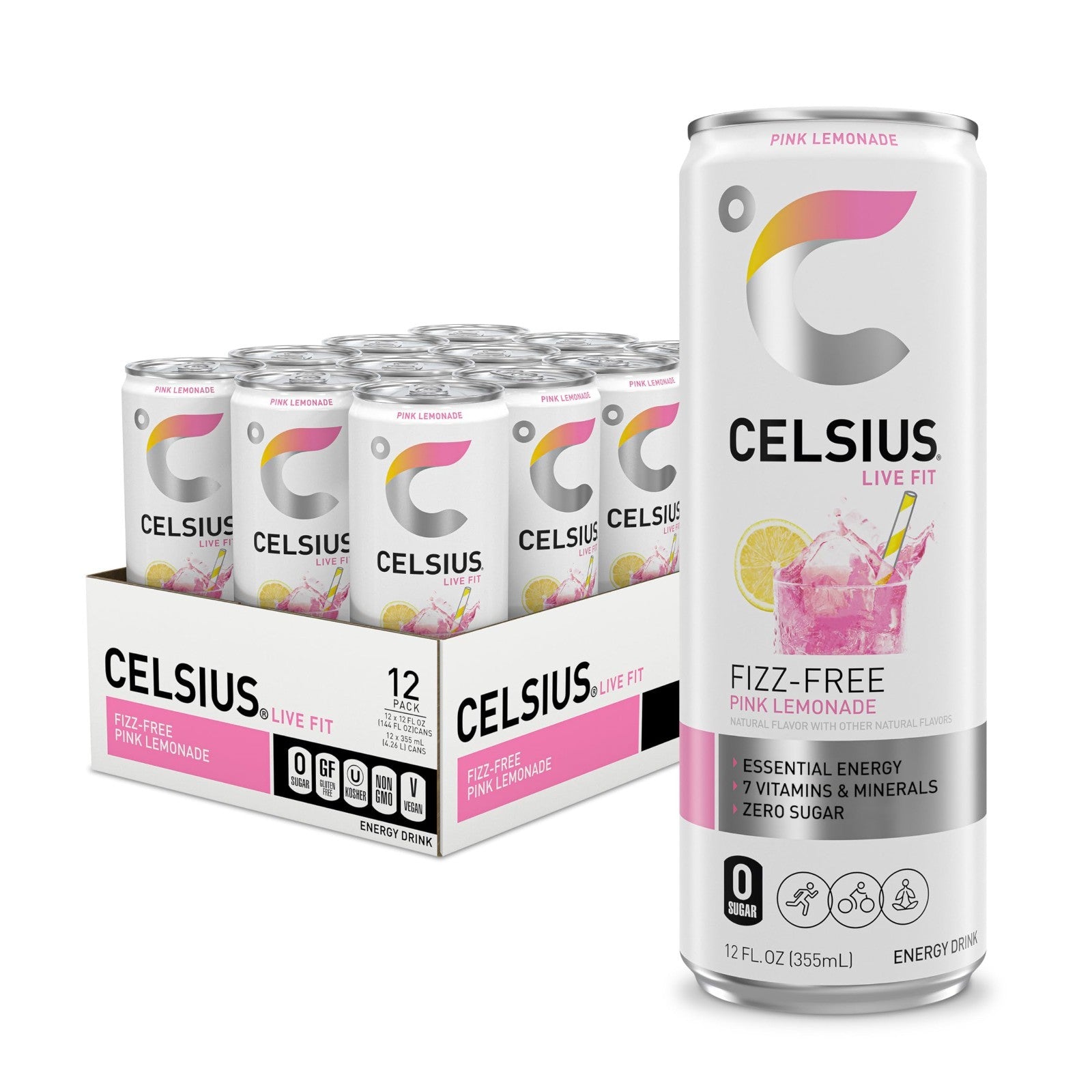 Sugar Free Energy Drink Fizz Free Pink Lemonade, 12 Fl Oz, Pack of 12 Cans0