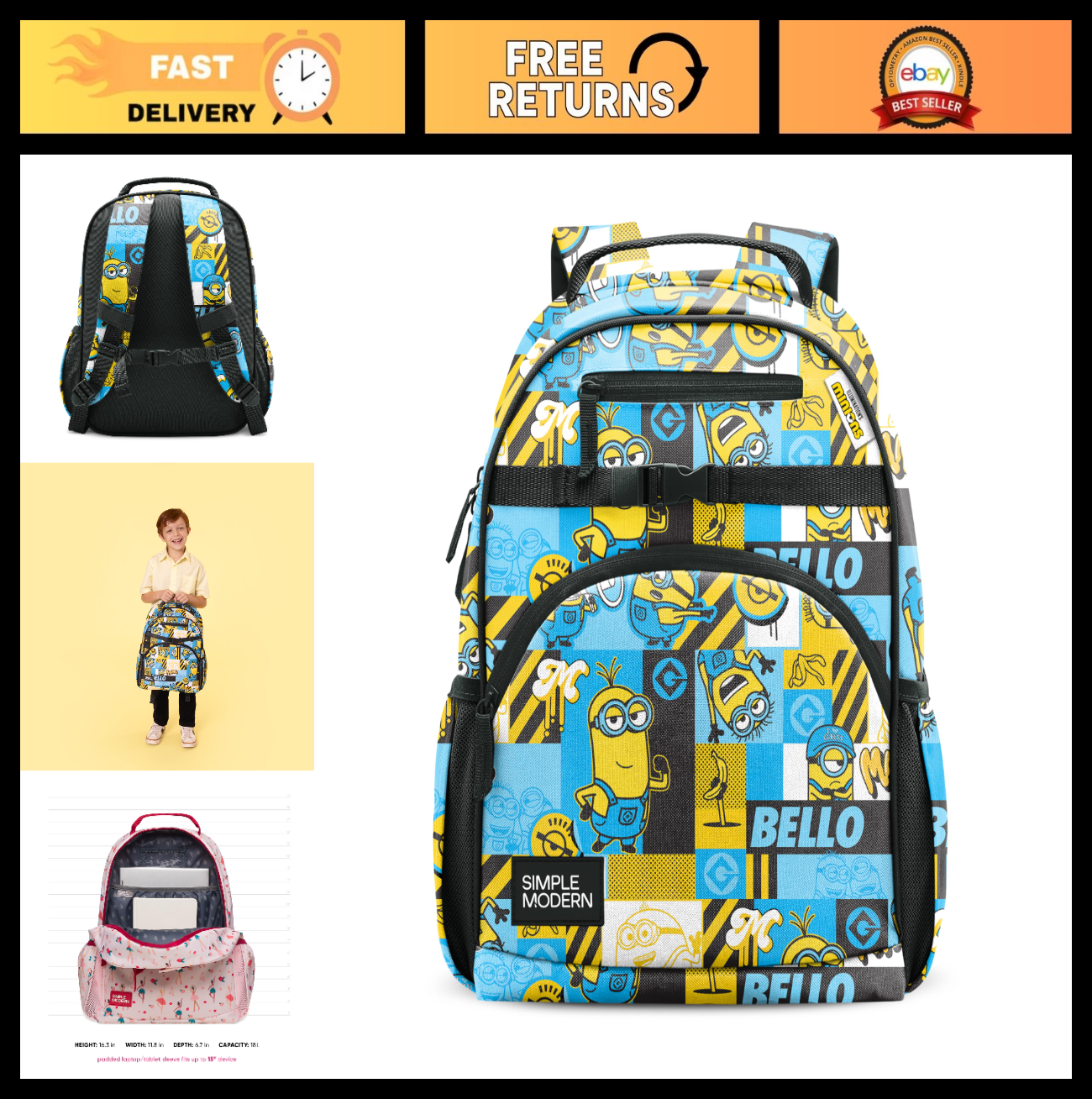 Kids Minions Backpack for School, 18L, Durable, Lightweight, Fun Design, Boys &0