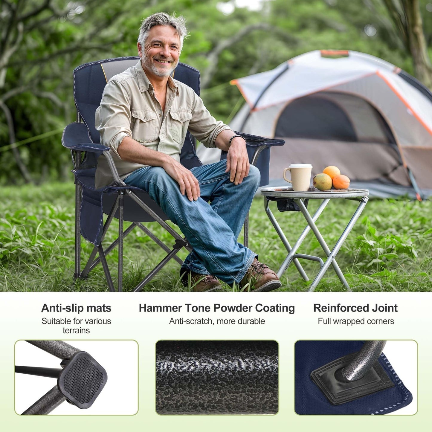 Oversized Heavy Duty Folding Camping Chair - Padded, Cup Holder & Cooler Bag, 455