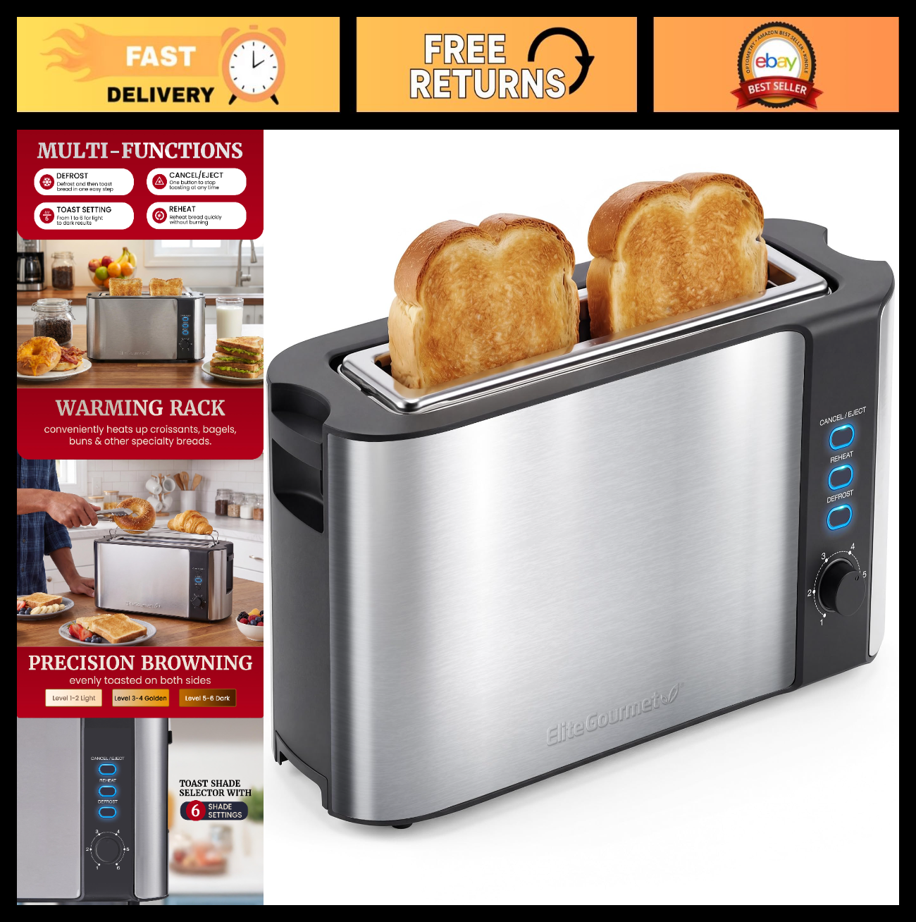 2-Slice Slim Toaster with Long Slot, 6 Settings, Defrost & Warming Rack - Stainl0