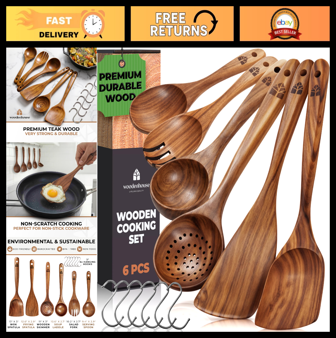 Premium Teak Wooden Cooking Spoons Set   6 Pcs, Durable, Nonstick, Heat Resistan0