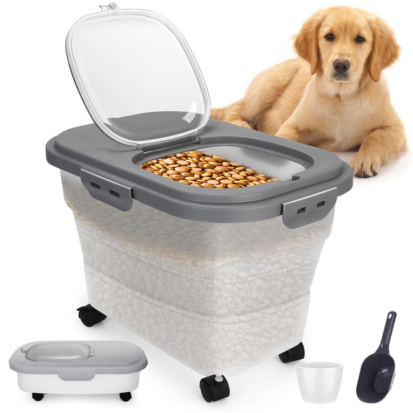 Collapsible Pet Food Storage Container with Airtight Lid & Detachable Casters, I1