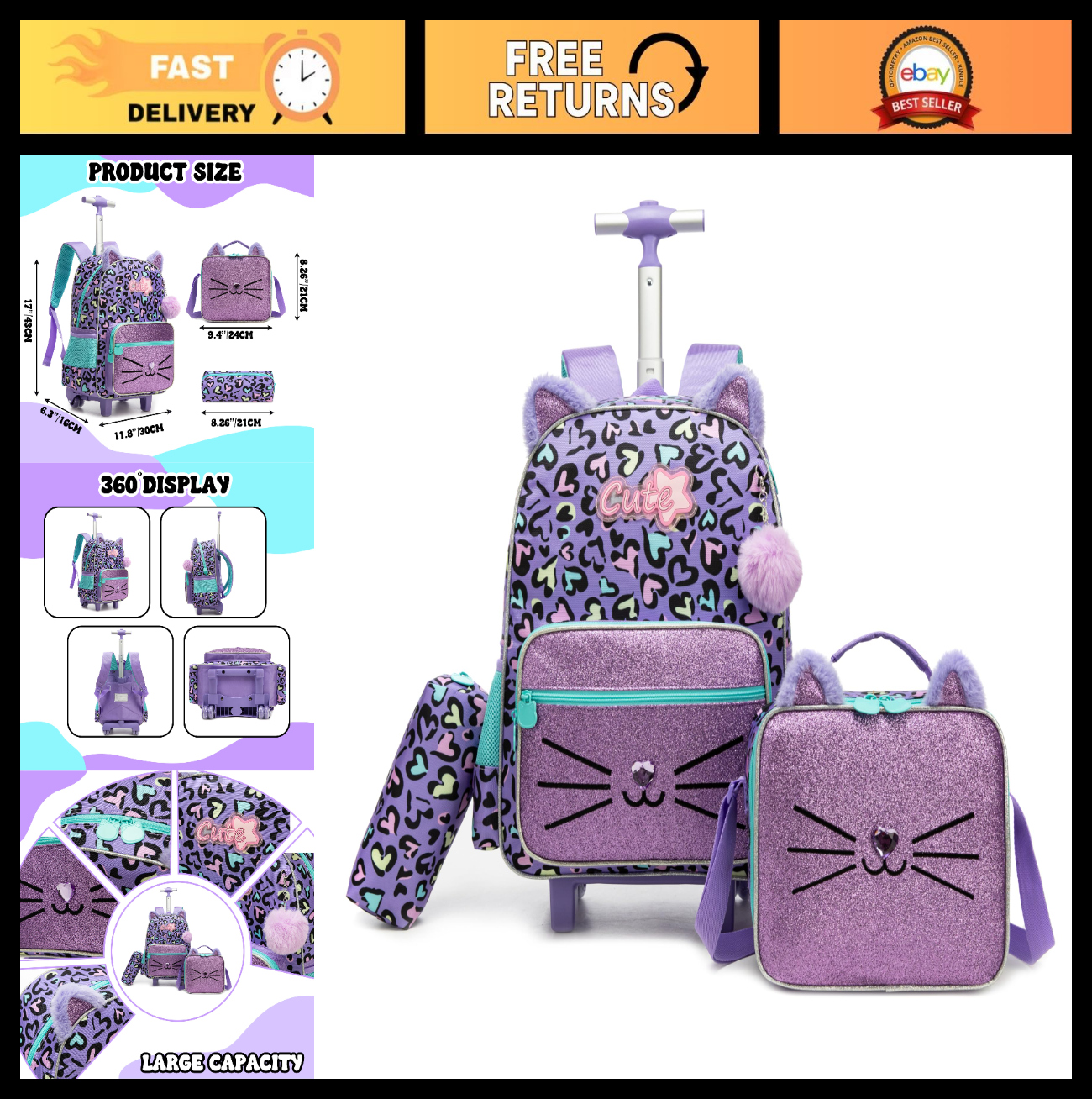 Cute Rolling Backpack for Girls   Wheeled Carry On Bag for Elementary Students0