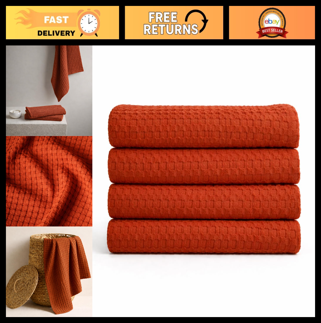 4 Pack Oversized Waffle Weave Bath Towels, 30x60 Inch, Ultra Soft Cotton, Lint F0