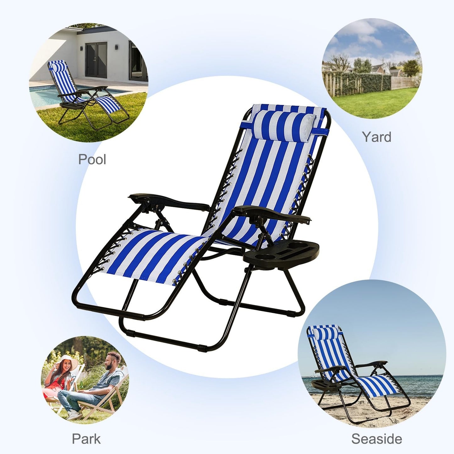 Set of 2 Adjustable Zero Gravity Lounge Chairs   Steel Mesh Recliners with Pillo7