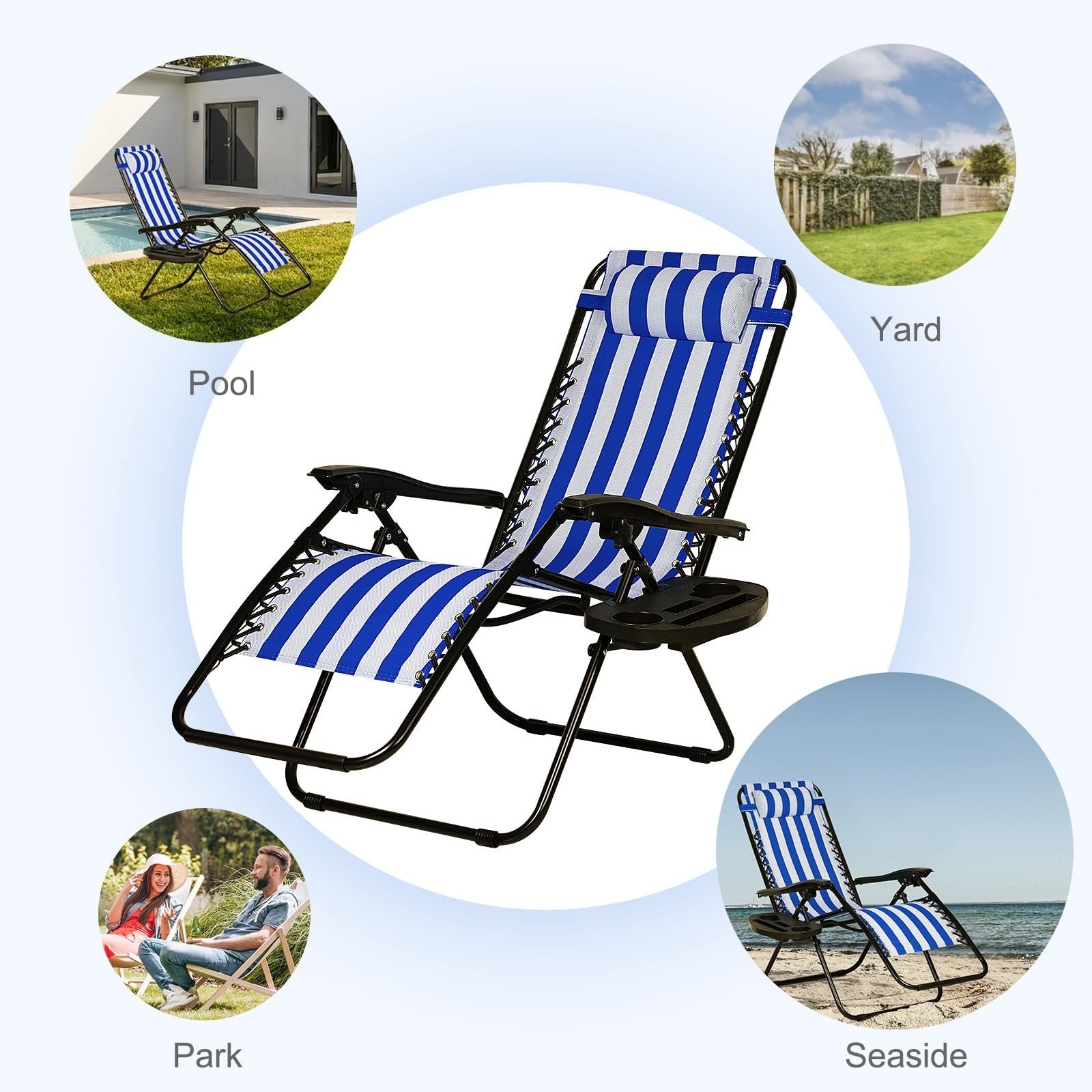 Set of 2 Adjustable Zero Gravity Lounge Chairs   Steel Mesh Recliners with Pillo7