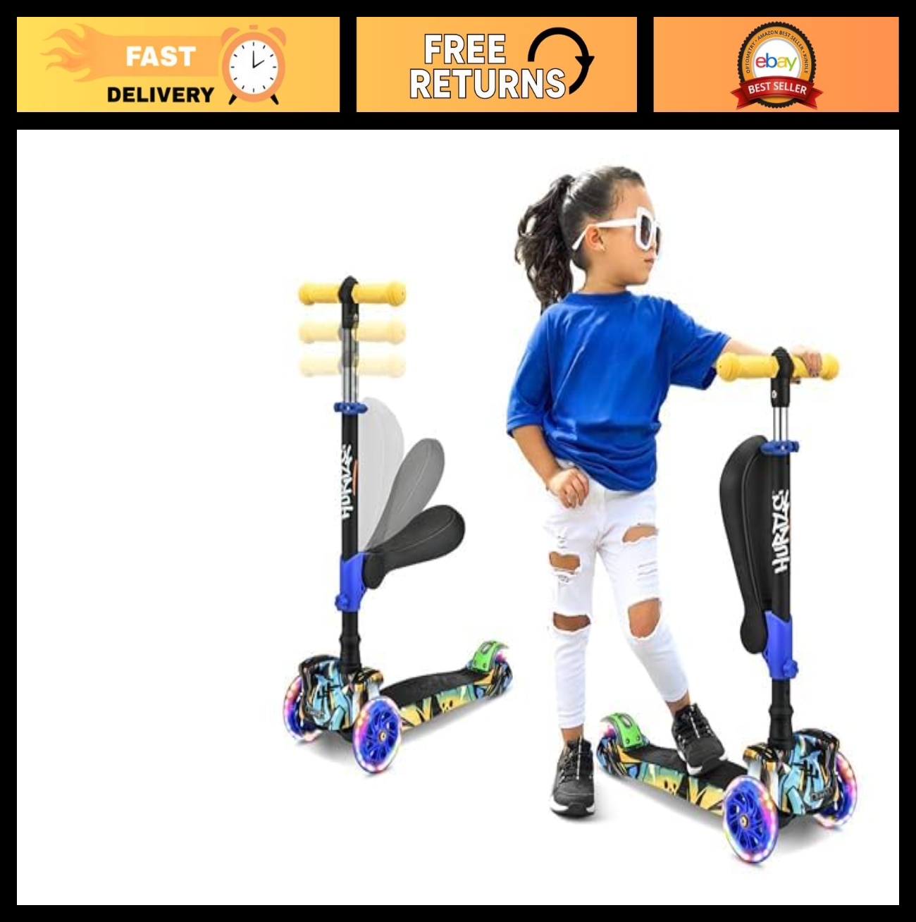 3-Wheeled Kids Scooter with LED Lights, Adjustable Handlebar, Foldable Seat - Si0