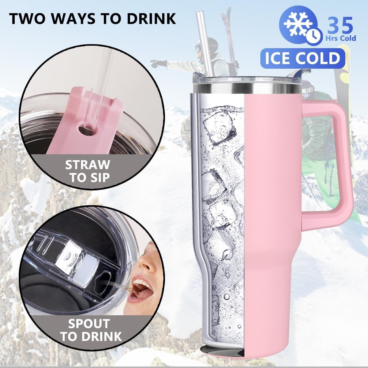 40 oz Insulated Tumbler with Handle & Straw   Leak Proof, Travel Mug, Hot/Cold C2