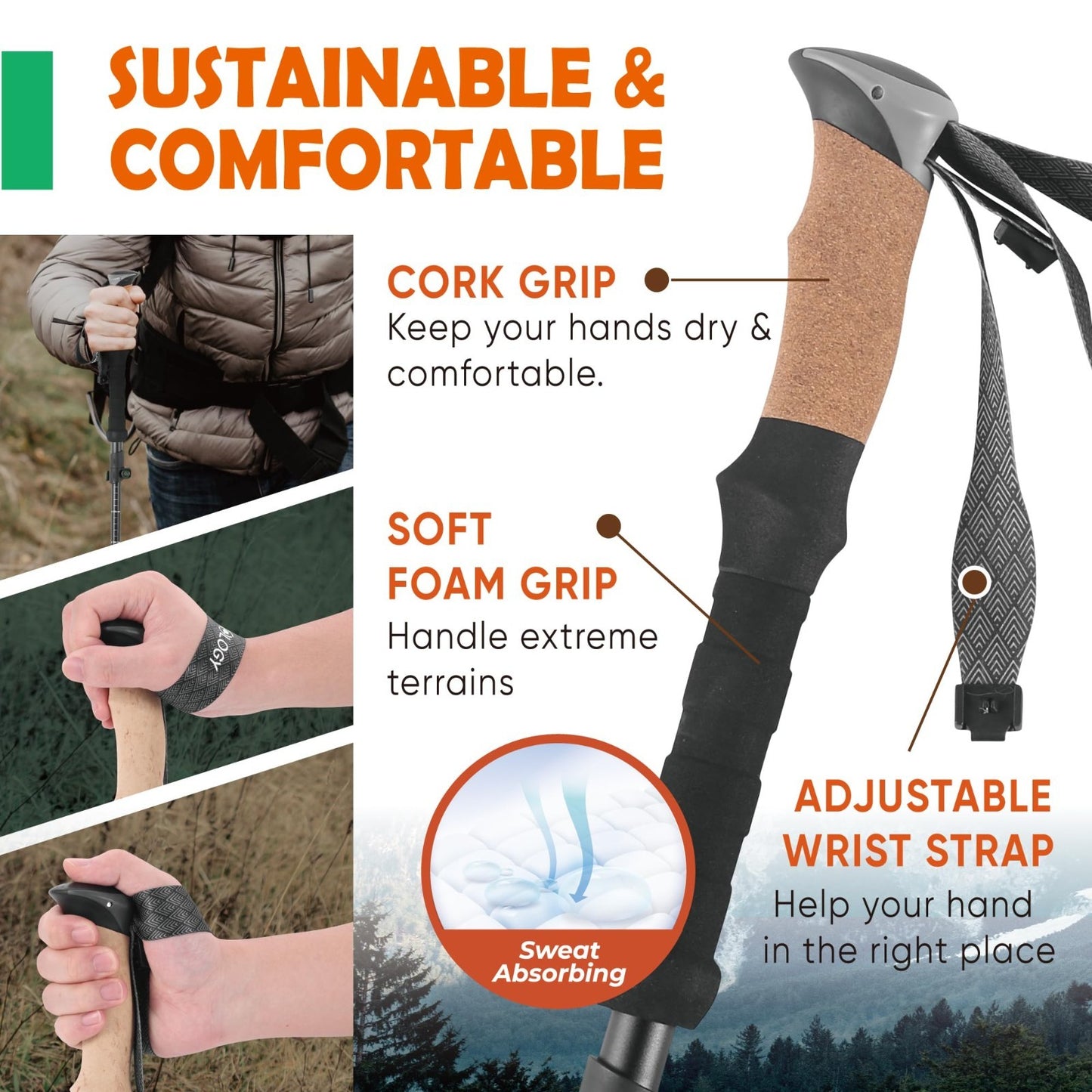 Lightweight Adjustable Trekking Poles with Cork Grip – Compact Hiking Sticks for2