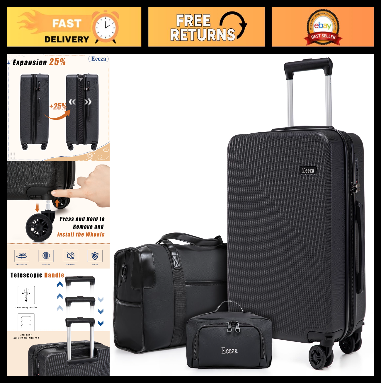 3-Piece Hardcase Carry-On Luggage Set 20" Black - TSA Approved, Scratch Resistan0