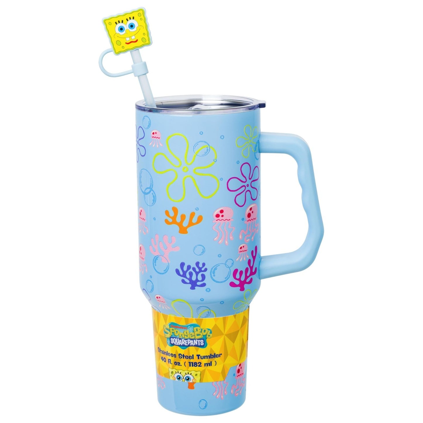 40oz Double Walled Stainless Steel Tumbler with Handle & Straw   Spongebob Jelly1