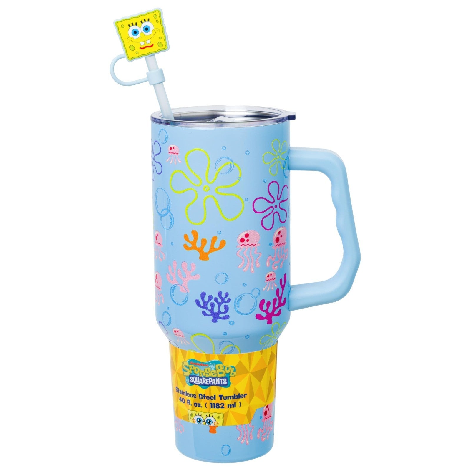 40oz Double Walled Stainless Steel Tumbler with Handle & Straw   Spongebob Jelly1