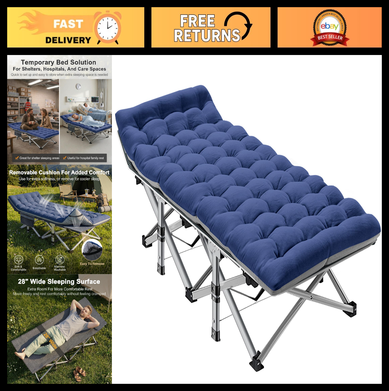 Folding Camping Cot for Adults, 28" Wide Heavy Duty Bed, 800 lbs Capacity, Mattr0