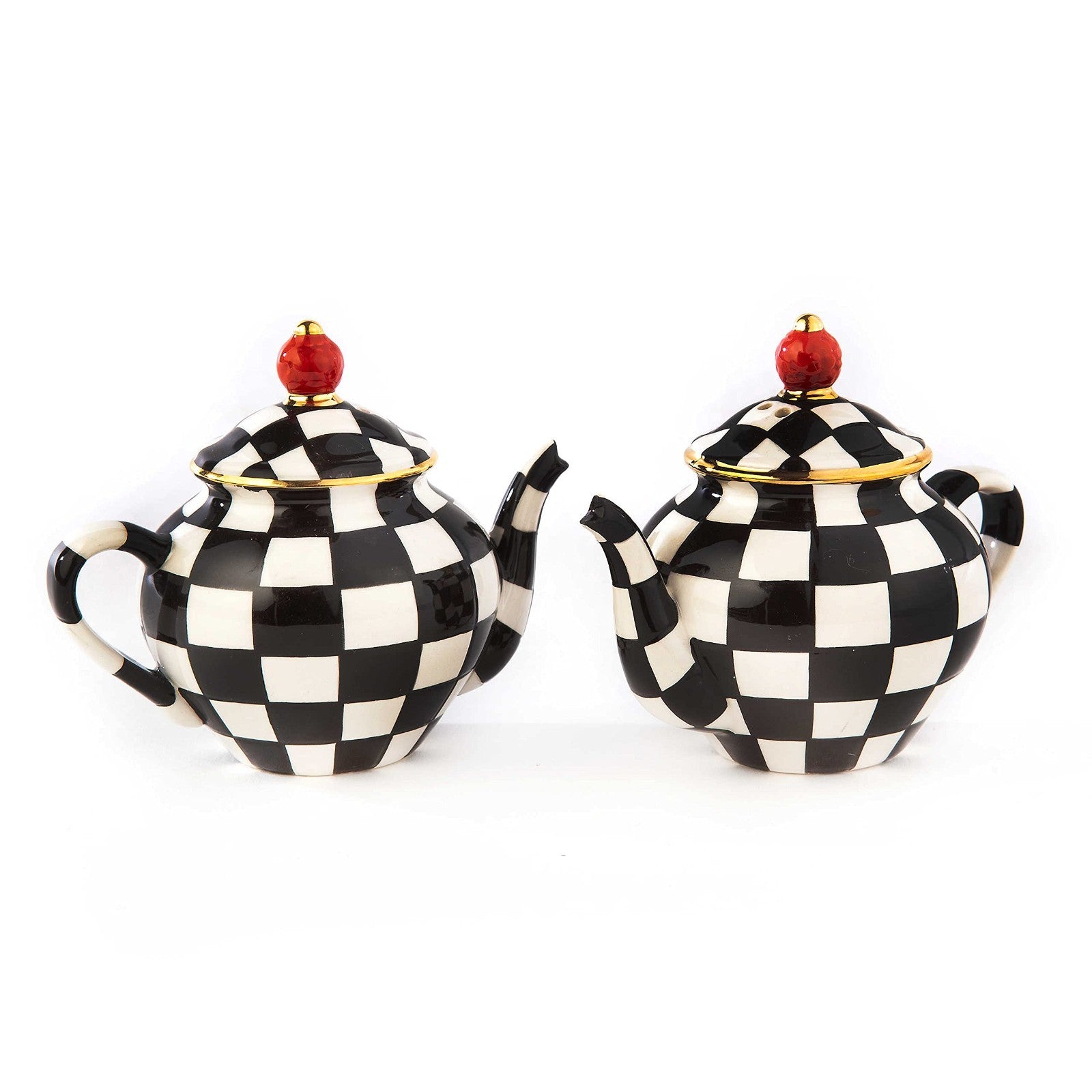 Ceramic Teapot Salt & Pepper Shaker Set - Black & White Checkered Holders1