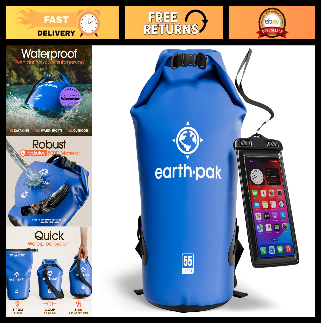 Waterproof Dry Bag Backpack   Roll Top Design, Keeps Gear Dry for Kayaking + Pho0