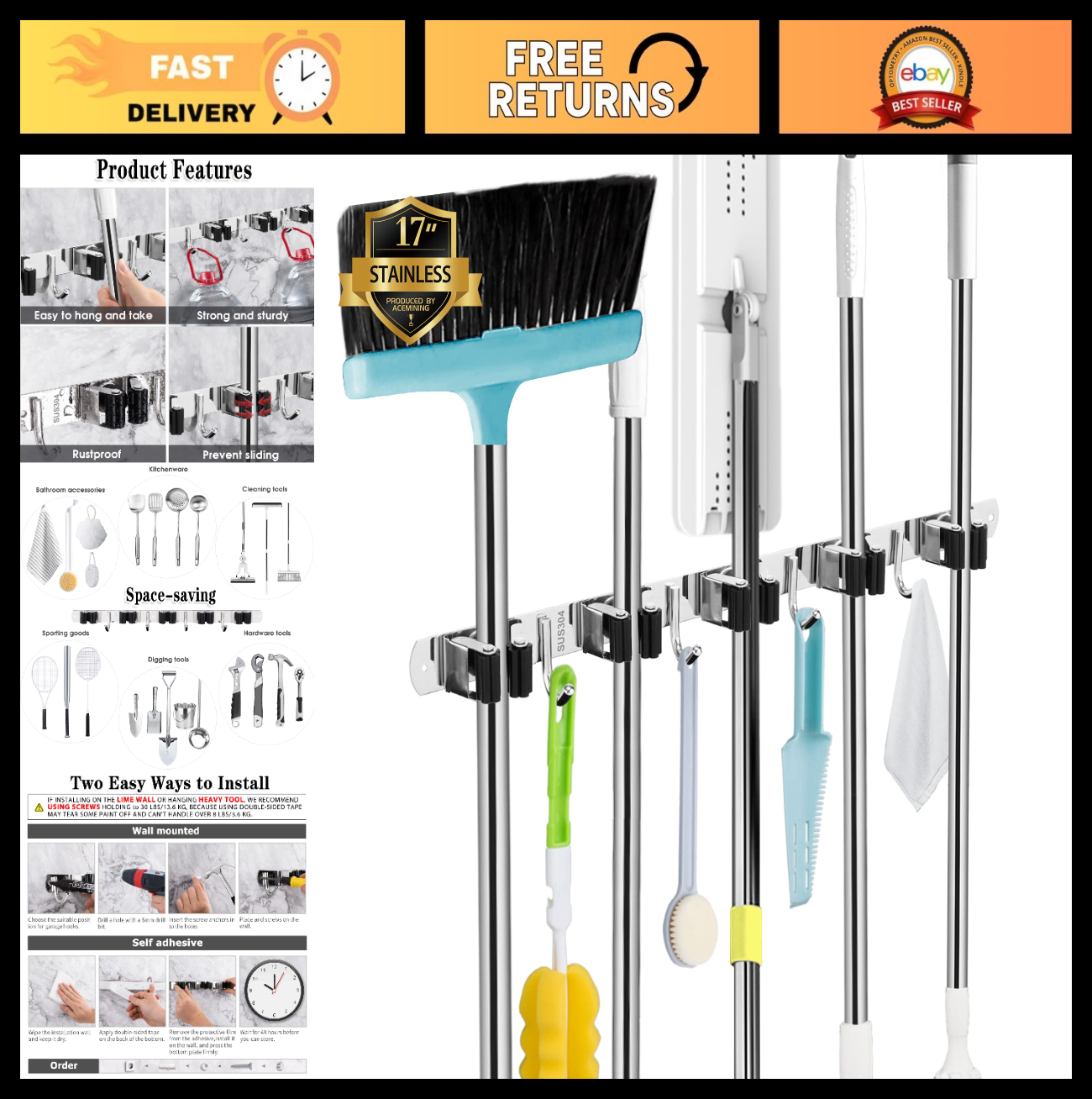 Heavy Duty Wall Mount Broom Holder - 5 Racks & 4 Hooks Mop Organizer Storage0