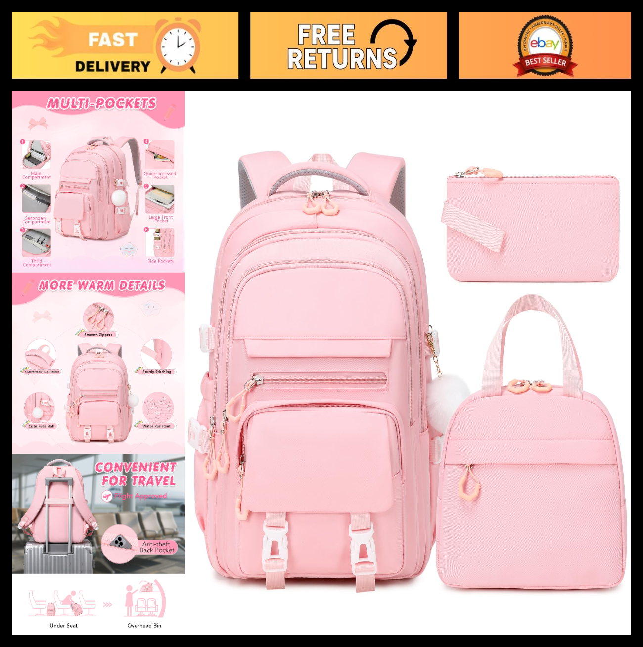 Stylish 17" Girls Backpack Set with Lunch Box & Pencil Case   Perfect for School0
