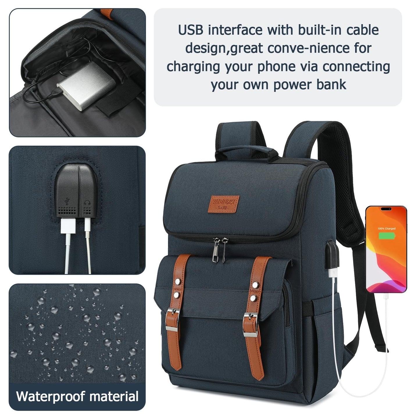 Vintage Travel Laptop Backpack with USB Charging Port - Fits 15.6" Laptops, Blue2