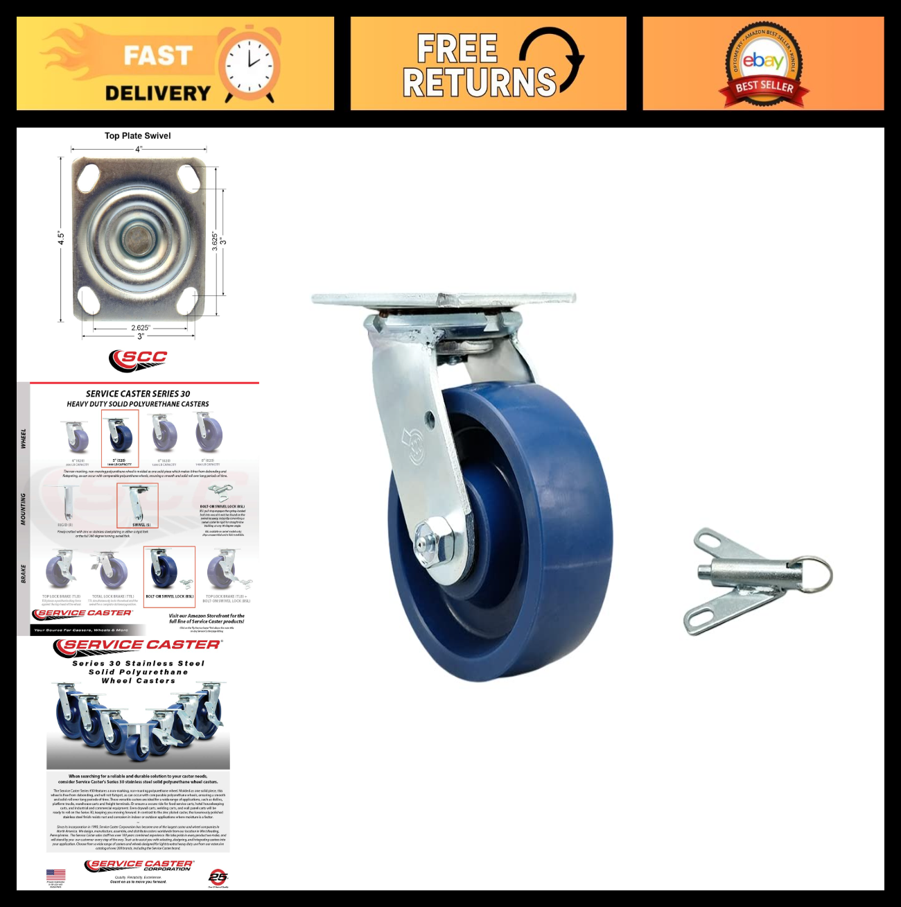 Heavy Duty 5" Polyurethane Wheel Caster - Bolt-On Swivel Lock, 1,000 lbs Capacit0