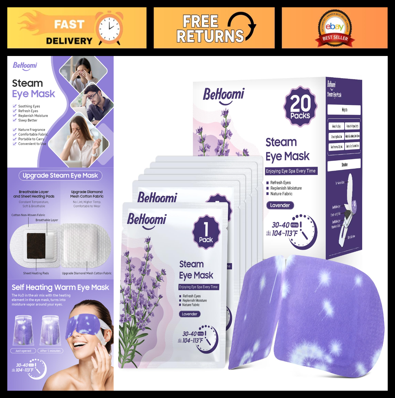 20 Packs Heated Steam Eye Masks - Disposable Warm Compress for Relaxation & Slee0