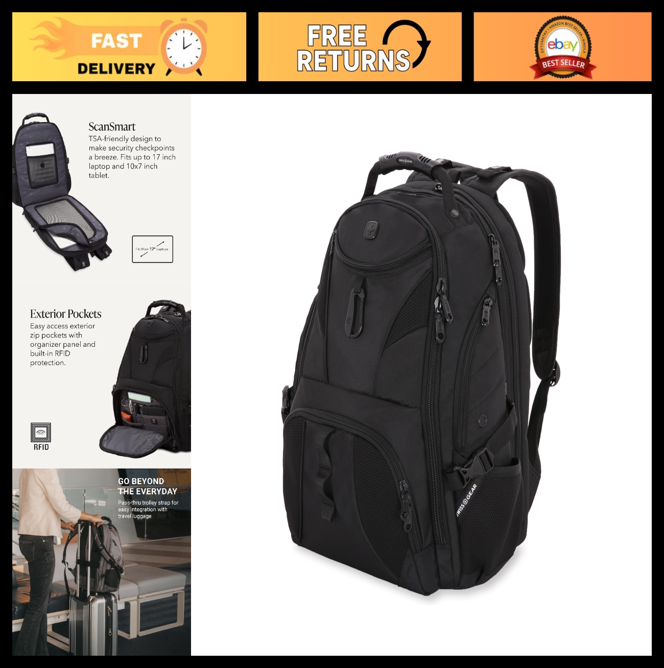 TSA Friendly 17 Inch Laptop Backpack, RFID Protection, Lay Flat Design, 31L, Bla0