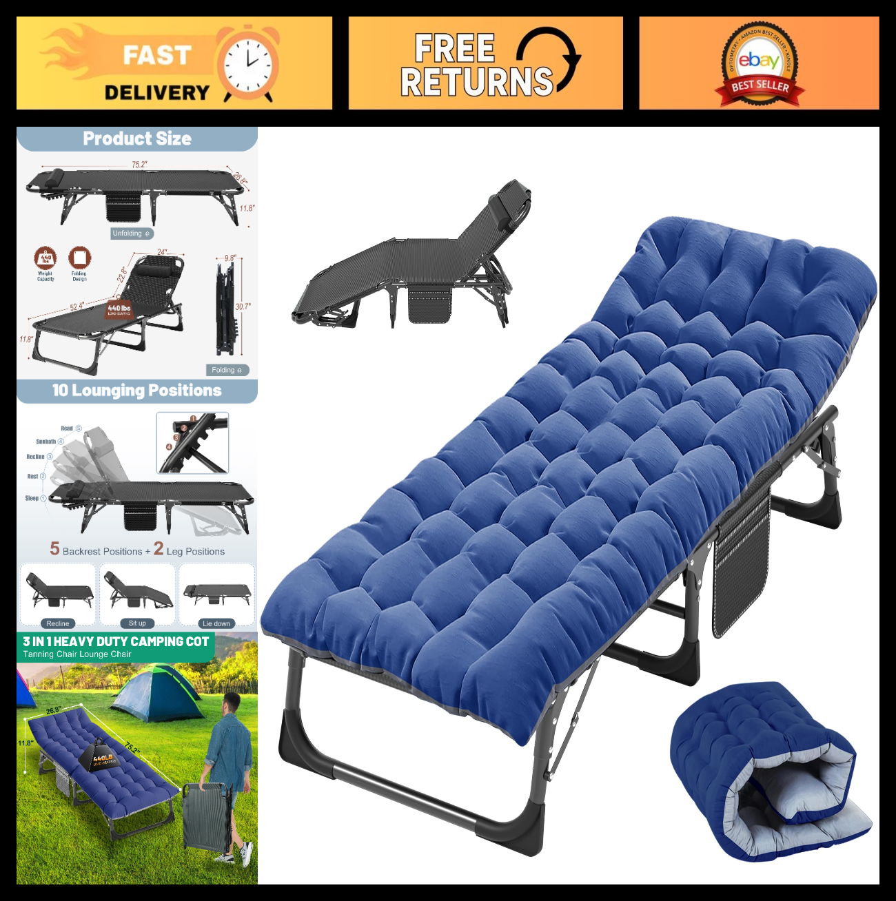 Folding Camping Cot for Adults   5 Position Adjustable Backrest & Padded Cushion0