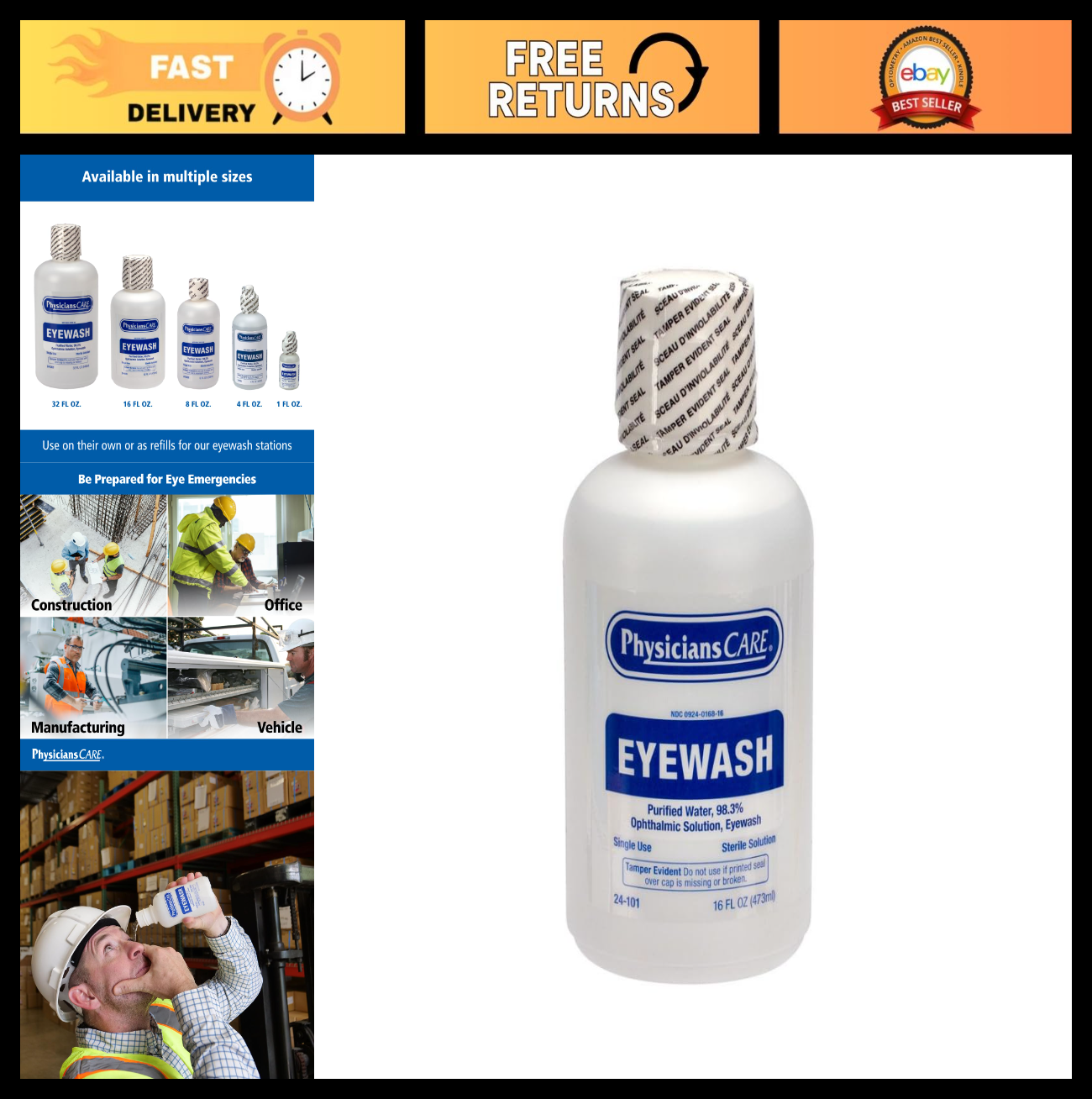 Sterile Eye Wash Solution - Isotonic Buffered Flushing & Irrigating Eyes, 16 oz0