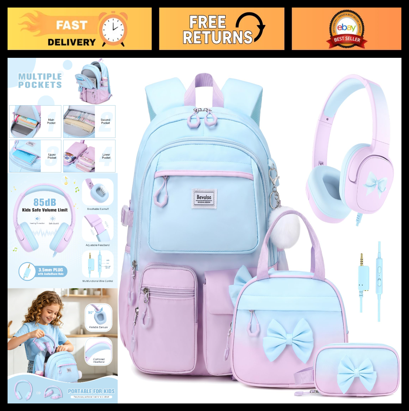 Cute Bow Backpack for Girls, School Bag Set with Lunch Bag & Pen Case0