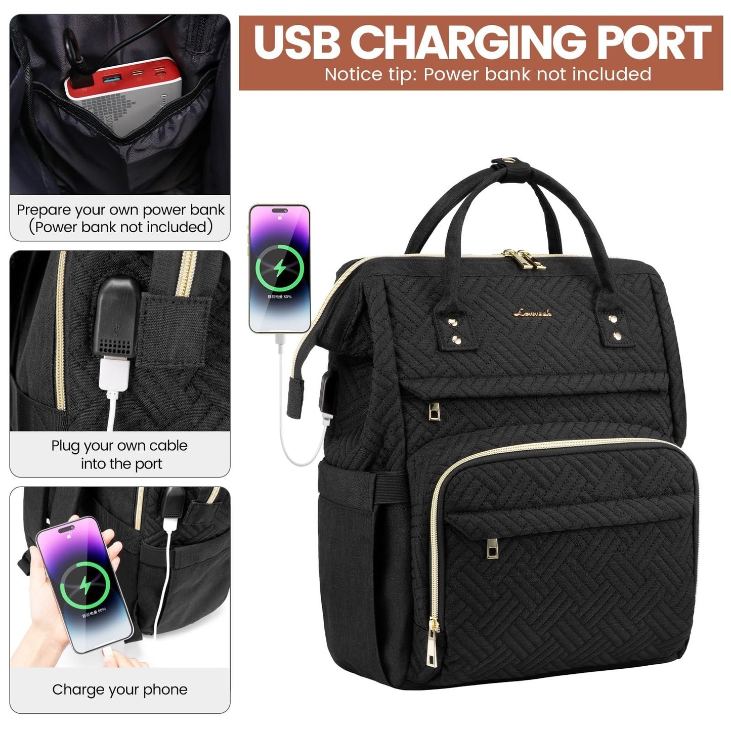 Stylish 17" Laptop Backpack for Women   Waterproof Travel Bag with USB Port, Bla4