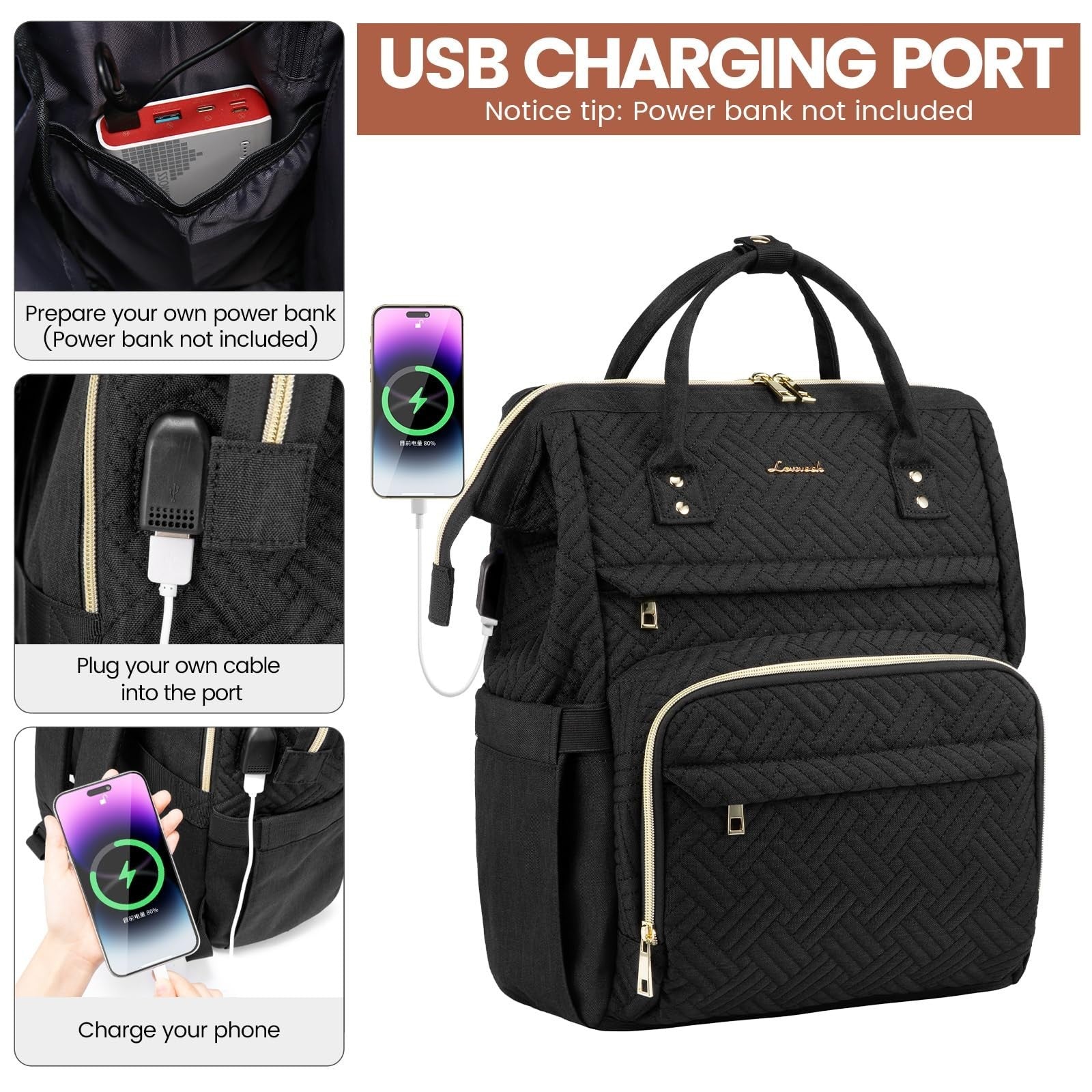 Stylish 17" Laptop Backpack for Women   Waterproof Travel Bag with USB Port, Bla4